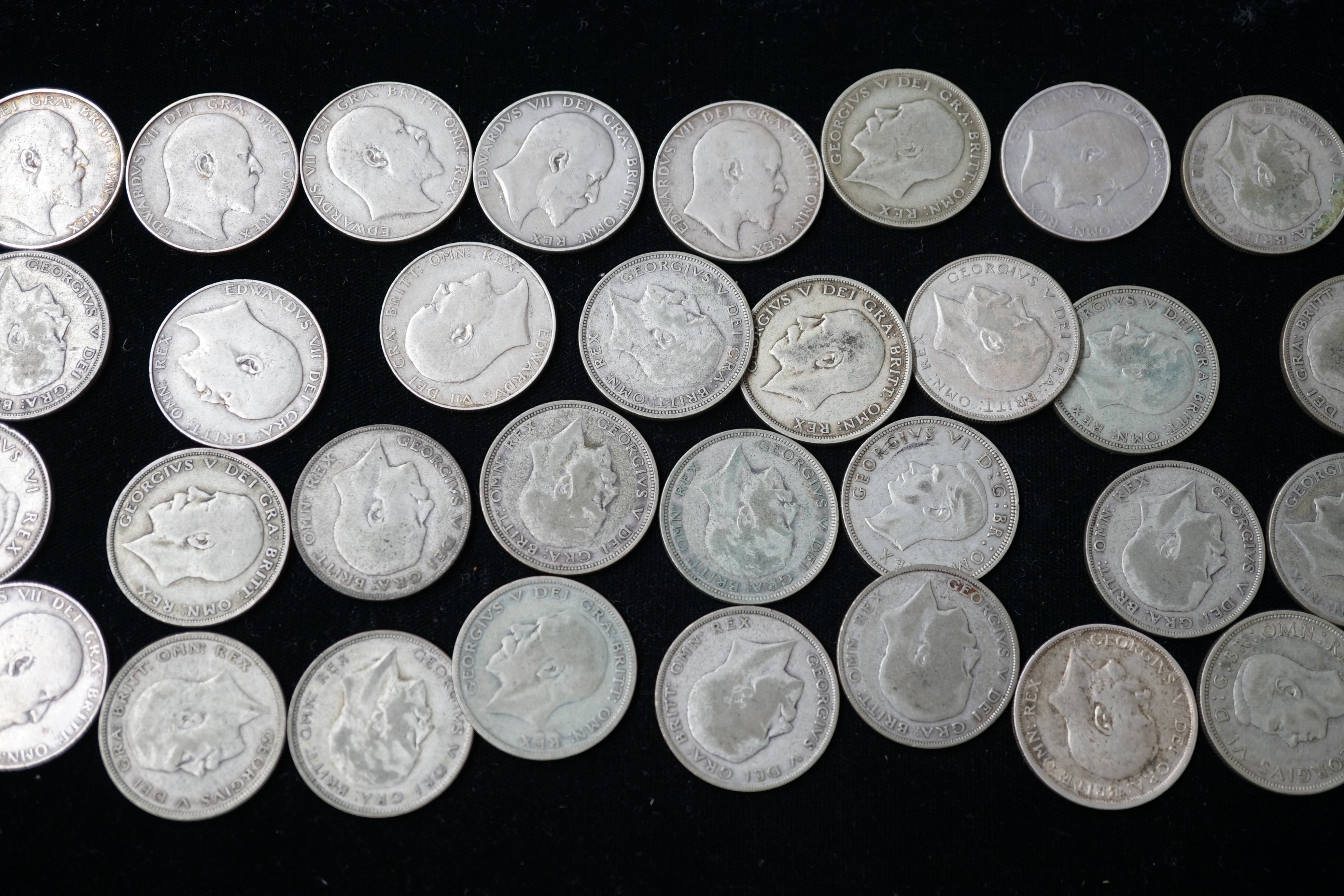 Ten Edward VII silver half crowns and twenty three George V/VI half crowns, various grades mostly below VF